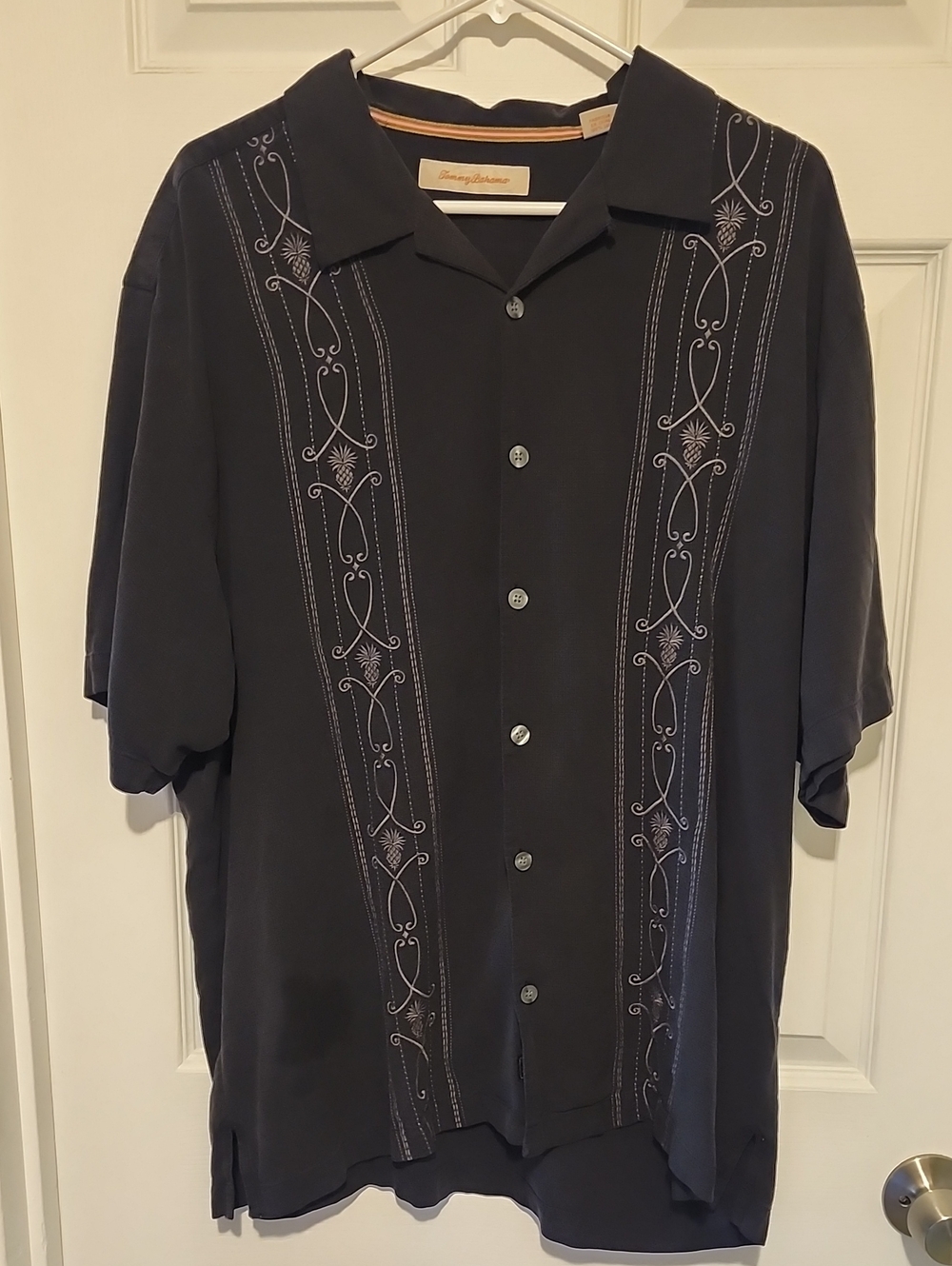 Tommy Bahama Black Embroidered Silk Shirt with Silver Stitching